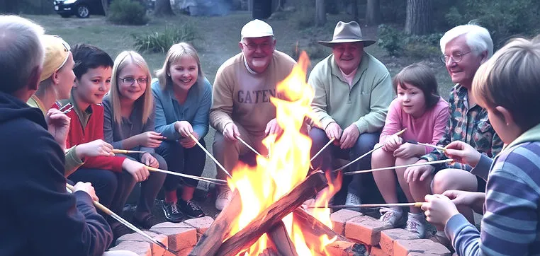 People of all ages around a firepit roasting hot dogs